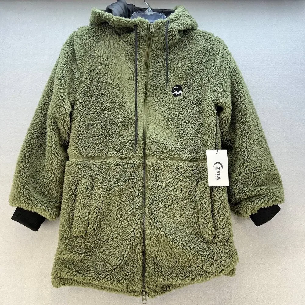 NWT Zyia Active Women's Long Hooded Teddy Jacket Lined Size Small Olive - Picture 1 of 13